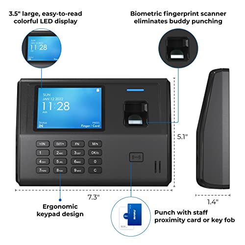 Relógio de tempo ANVIZ - Máquina de atendimento biométrico de impressão digital CX3 para funcionários para funcionários pequenas empresas - digitalização de dedos + RFID + pino de pino em um, até 300 usuários com turnos noturnos sem software necessário