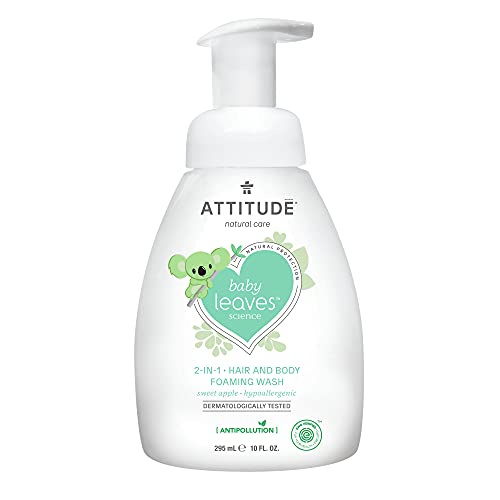 Atitude 2-em 1 Cabelo natural e lavagem de espuma corporal para bebê, shampoo verificado ewg, sabonete hipoalergênico, maçã doce, 10 fl. Oz.