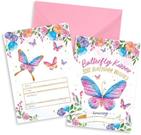 Joyful Toys Butterfly Birthday Invitations com envelopes pacote de 20 | Cards de aniversário de convites de borboleta 5 x 7 - Ideal para crianças decorações de festas de aniversário para crianças e suprimentos de festas de borboleta