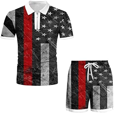 Men's Lapeel Tshirt Tracksuit de 2 peças Independence Day 3d American Flag Thin Tee Camisetas e Shorts Roupas