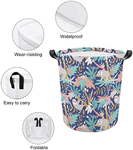 Bolsa de lavanderia de padrões tropicais de preguiçosos com alças cestas de armazenamento à prova d'água de