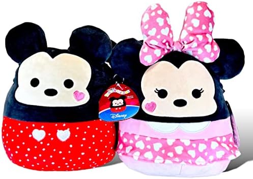 Squishmallows Kellytoy Official Par de Mickey Mouse e Minnie Mouse Minnie Mouse com corações - Conjunto de 2 - 2023 Squadra de Valentine Pillow Pillow Doll, multicolor, 8 ''