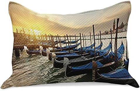 Ambesonne Veneza malha colcha de travesseira, linha de gôndolas tradicionais na água Calma paisagem marinha