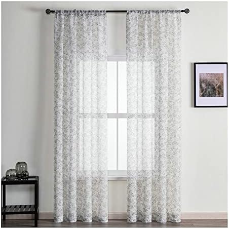 Daesar Sheer Voile Curtains 2 painéis, cortina de quarto sem perfurar ramos cinza de poliéster tratamentos
