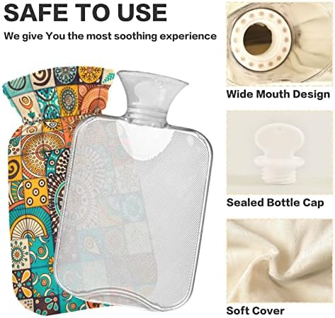 Garrafas de água quente com capa boho mandala saco de água quente para alívio da dor, adultos para crianças, bolsa de água de garrafa quente 2 litros