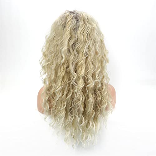 Punctualgood Long Curly Wavy Wavy Mistureled Blonde com raízes escuras solteiras perucas onduladas resistentes a calor perucas sintéticas para mulheres diárias festas usam 27 polegadas