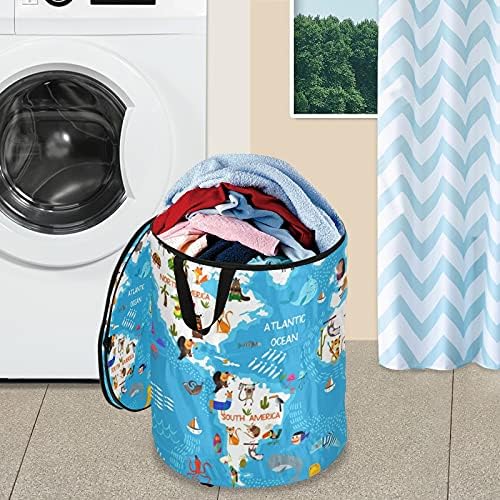 Cartoon Animal World Mapa Pop Up Laundry Horse com tampa de tampa com zíper cesta de roupa dobrável com alças
