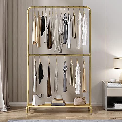 Rack de roupas de metal de ouro moderno Rudandan, suporte de exibição de boutique de varejo de 160 cm com barra intermediária ajustável e suporte inferior