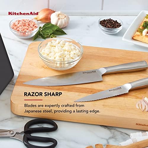 KitchenAid Gourmet forjado aço inoxidável Block Set com apontador de faca embutido, facas de cozinha em aço inoxidável japonês de alto carbono, faca de cozinha afiada com bloco, 14 peças, preto
