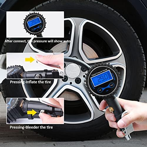 Kairiyard Digital Tire Pressão, 200 PSI Manuais de pneu para pressão dos pneus com deflator de inflador, acessórios