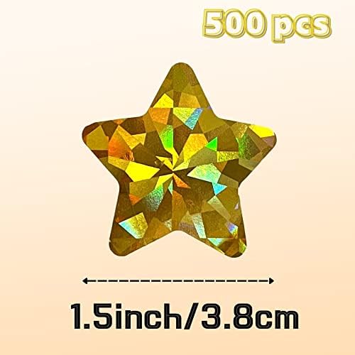 Jansong 1,5 Gold Gold Star Stars com padrão holográfico glitter 500 PCs Adesivo brilhante de estrela brilho por rolos Recompensa rótulos para artesanato e professores de aula Recompensas de responsabilidade diária