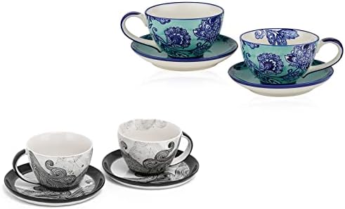 Taimei Teatime Ceramic Tea Cup e pires com colher, conjunto de 2 pacote com xícara de café em cerâmica