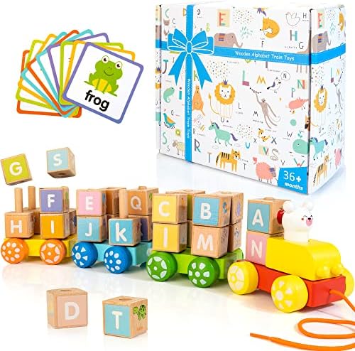 Woodmam Montessori Alfabet Trein Toys, Trem de empilhamento de madeira com cartões de palavras, presente de aprendizado educacional Presente para meninos meninas 3 anos 4 5 6