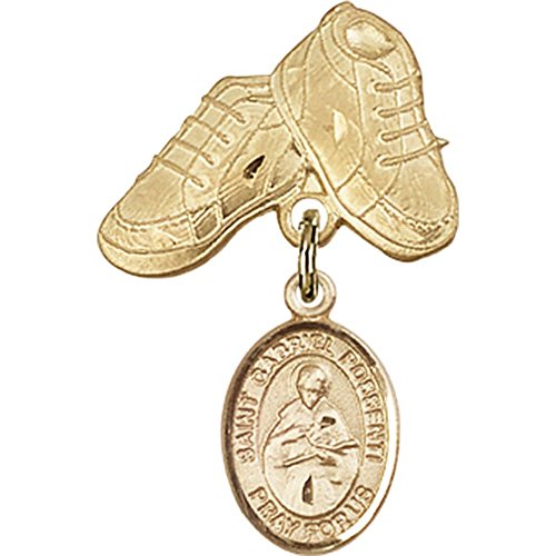 Distintivo de bebê cheio de ouro com o charme de St. Gabriel Postenti e Baby Boots Pin 1 x 5/8 polegadas