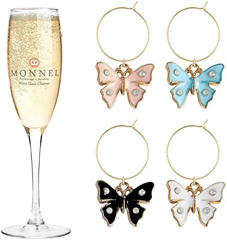Monnel P522 Retorizado Little Butterfly Wine Charms Marcadores de vidro Tags para decorações de festas com bolsa de veludo- Conjunto de 4