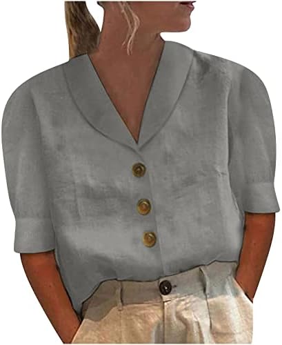 Camisas de linho de algodão para mulheres 2023 Blouses de escritório de meia manga Button Down Do pescoço