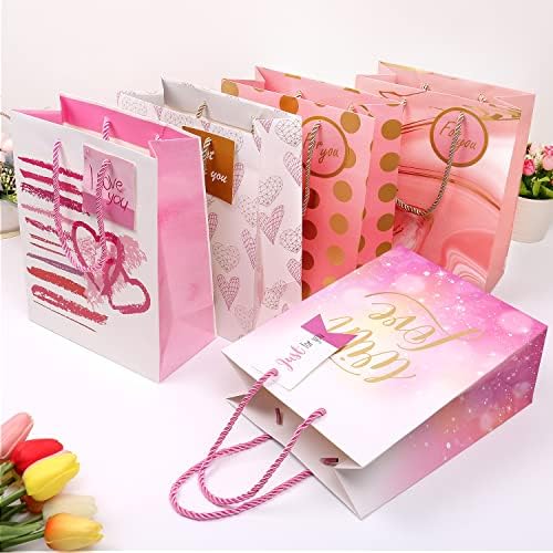 Mamunu 5 bolsas de presente de embalagem tamanho médio, saco de papel rosa com ponto, amor, padrão de coração,
