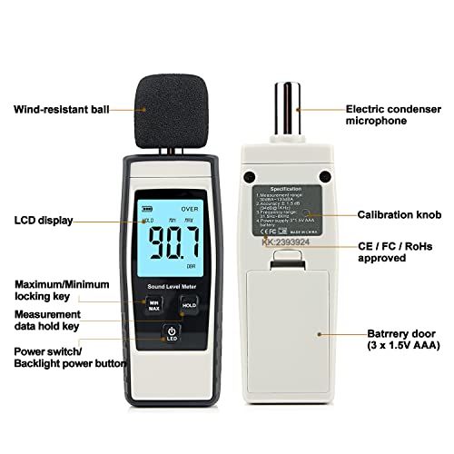 Medidor de decibéis, medidor SPL portátil, medidor de ruído digital, alcance de 30-130dB DB MEDUDE, instrumento de medição de volume de ruído, testador de monitoramento de som cinza