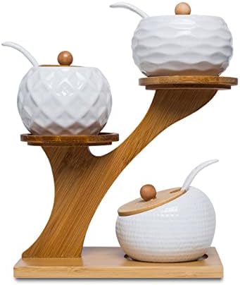 Conjunto de jarra de condimento de porcelana, potes de especiarias com tampas de bambu e colher, bandeja de madeira, 170 ml, usada para armazenar chá, especiarias, café, conjunto de 3 （branco)