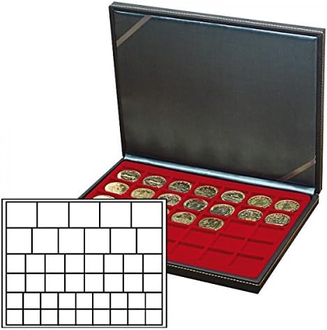 Lindner 2364-2745E Nera M Coin Case com uma inserção vermelha escura com 45 compartimentos quadrados em vários