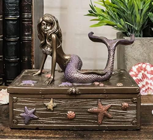 Presente de Ebros Presente de Resina Bonzed Mermaid Ariel repousando em corais estrelamente corais da caixa de jóias decorativas do peito