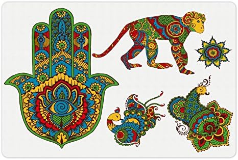 Ambesonne Hamsa Pet tapete Para comida e água, Monkey Monkey Star Hamsa e pavão, estilo oriental pintado à mão, pássaros de borracha sem deslizamento para cães e gatos, 18 x 12, multicolor
