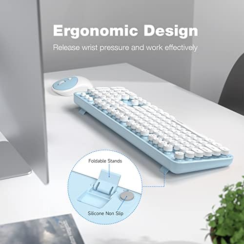 O teclado sem fio Mofii e o mouse combinam, os teclados azuis da máquina de escrever retrô com teclado