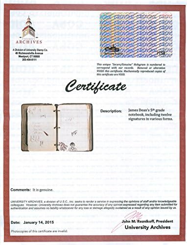 James Dean 1.75x2 amostra de caligrafia do notebook da 5ª série JSA cortada 8947583