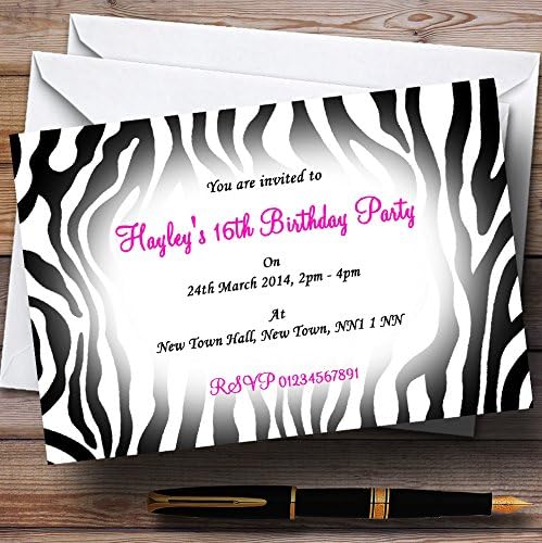 Convites de festa personalizados rosa imprimidos de zebra