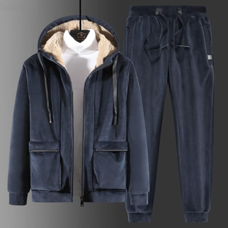 Ixyhpjp tracksuits homens de inverno conjunto de 2 peças grossas definidas na jaqueta de traje masculino de lã de inverno+calça
