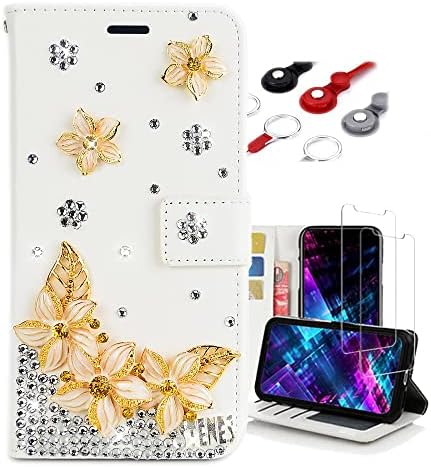 Fairy Art Crystal Cartlet Caixa de telefone compatível com Moto G Stylus 6,8 polegadas - Flor Pretty - Ouro - 3D Tampa de couro com brilho brilhante com tela com protetor de tela e colapso do pescoço
